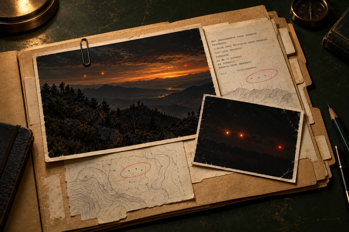Ilustração de uma pasta investigativa de papel com duas fotografias artísticas de luzes distantes sobre montanhas