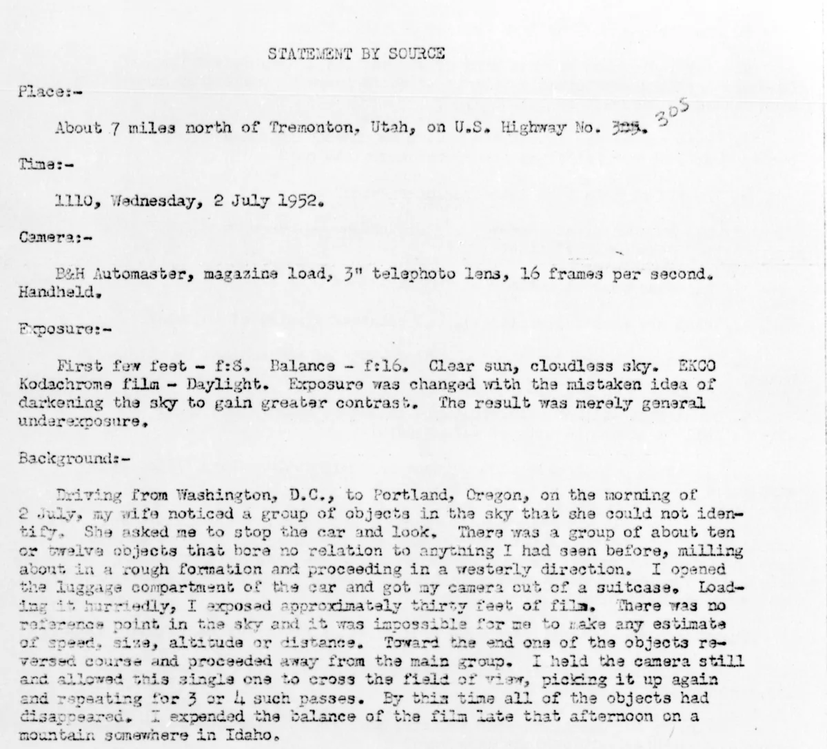Página datilografada intitulada Statement by Source, com local, hora, câmera, exposição e o relato de Newhouse sobre os objetos vistos perto de Tremonton